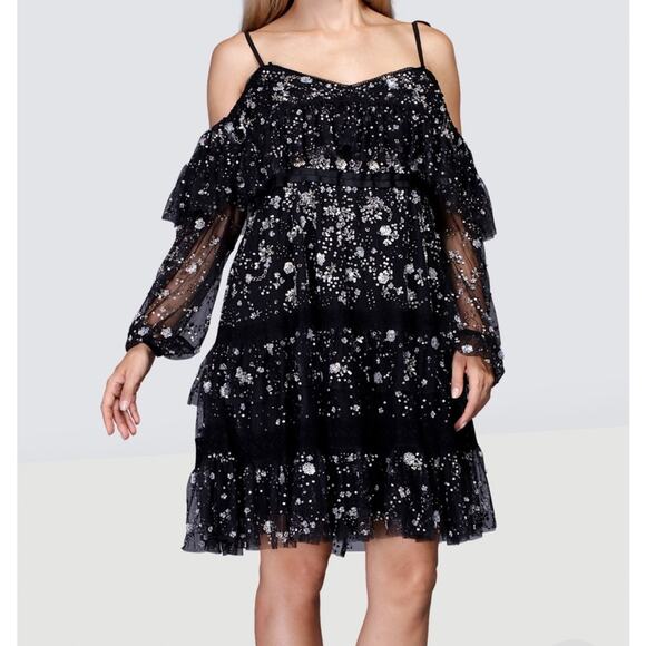 Needle & Thread Supernova Tiered Ruffle Embellished Dress Black Size 6 - Picture 3 of 14